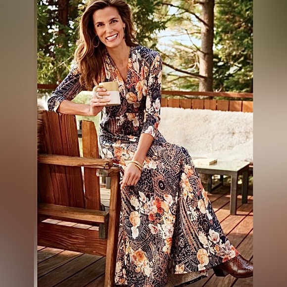 🔷Soft Surroundings Adamaris Navy floral geometric, V-Neck, 3/4 sleeves, Maxi XL - Picture 2 of 11